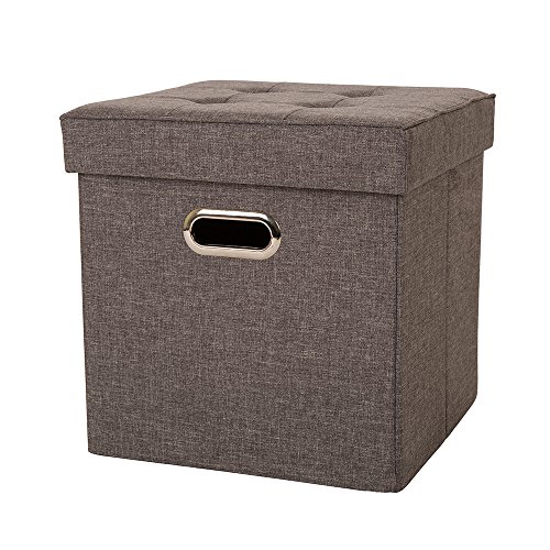 Glitzhome Foldable Linen Cube Storage Ottoman Foot Stools with Padded Seat for Living Room, Dark Gray