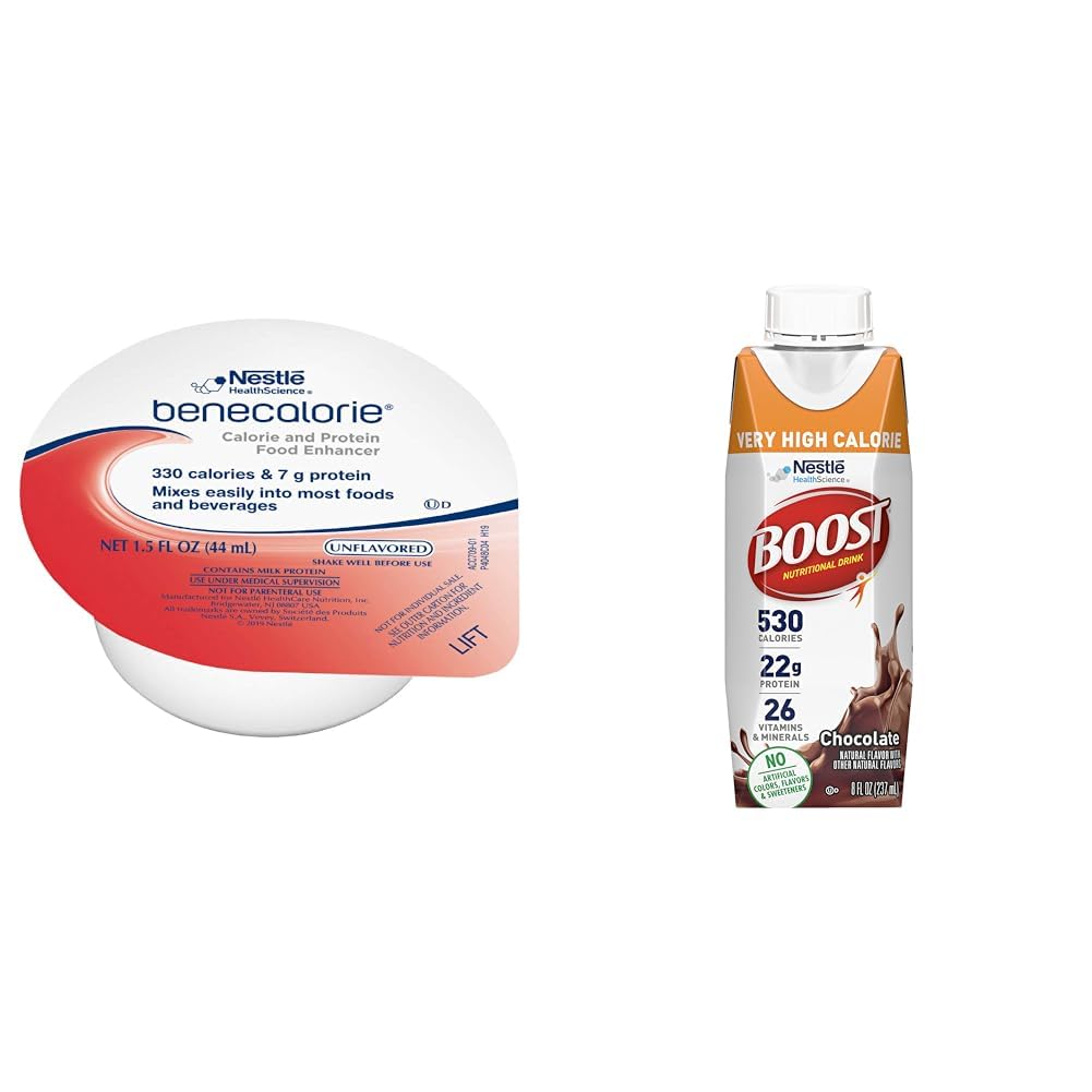 Photo 1 of **NON-REFUNDABLE/ EXP DEC25**Benecalorie Calorie and Protein Enhancer - Unflavored (330 Calories, 7g Protein) - 1.5 fl oz Cups & Boost Very High Calorie Chocolate Nutritional Drink – 22g Protein, 530 Nutrient Rich Calories, 8 Fl