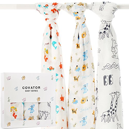 COVATOR Super soft Bamboo Muslin Baby Swaddle Blankets 47x47 inches 3 Pack, mermaid+ safari+animals