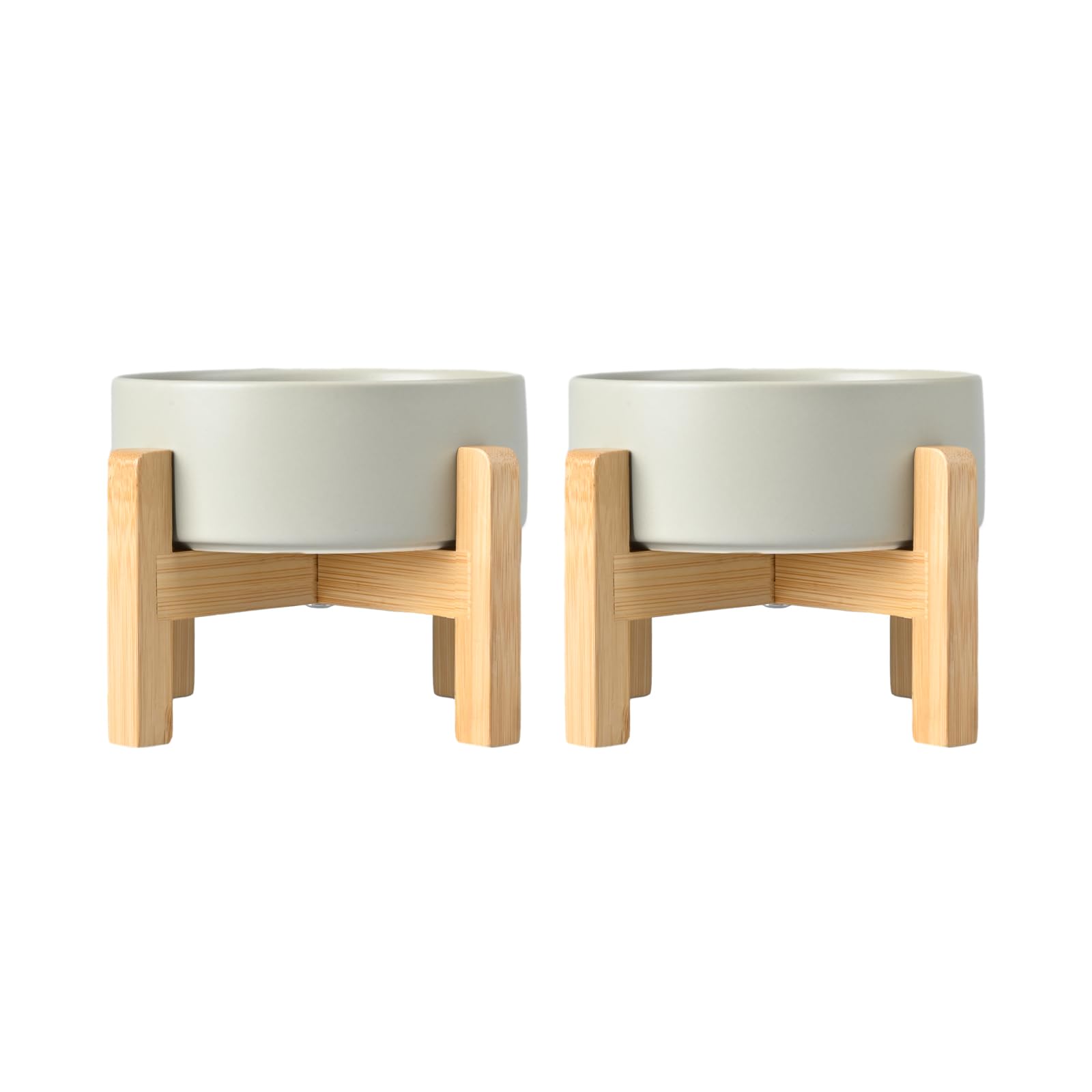 SPUNKYJUNKY Ceramic Raised Dog Bowl Set with Bamboo Stand for Cats and Dogs (850ml, Grey)