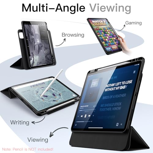 JETech Detachable Magnetic Case for iPad Pro 11 Inch M5/M4 (2025/2024) with Pencil Holder, Removable Rotating Clear Case, Portrait/Landscape Stand (Black)