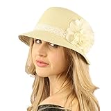 UPF 50+Beach Summer Bucket Lace Ruffle Flower Bell Cloche Packable Hat Natural