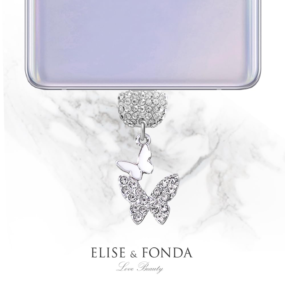 TP226 Type-C Charging Port Crystal Anti Dust Plug Little Double Butterflies Cell Phone Charm for Samsung/OnePlus/Xiaomi/oppo Android Phone iPhone 15/16