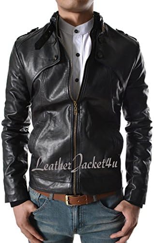 Men's Stylish Lambskin Genuine Leather Motorcycle Biker Leather Jacket 128