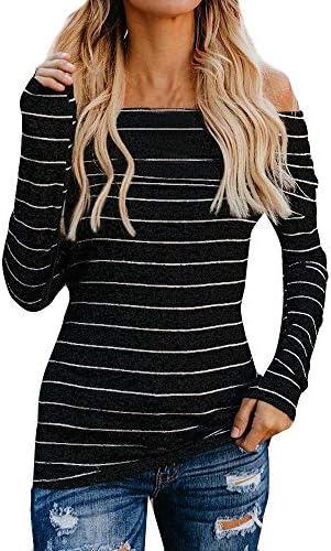 AKwell Women's Stripe Off Shoulder Casual Top T Shirt Ladies Cotton Long Sleeve Blouse