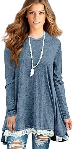 Sunfung Women's Lace Long Sleeve Tunic Tops Shirt Clothing Scoop Neck Womens Plus Size Tunic Blouses Tops (XXL-Large/US 20-22, Blue)