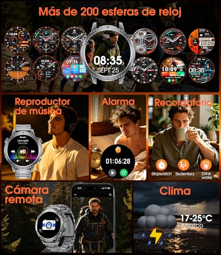 LIGE Reloj Inteligente Hombre 1400mAh Larga Duración, 1.7" Smartwatch Militar con Linterna LED, Llamadas Bluetooth, 120+ Deportes, 5ATM Impermeable, Frecuencia Cardíaca,Android iOS,2 Cargadores,EF26-C
