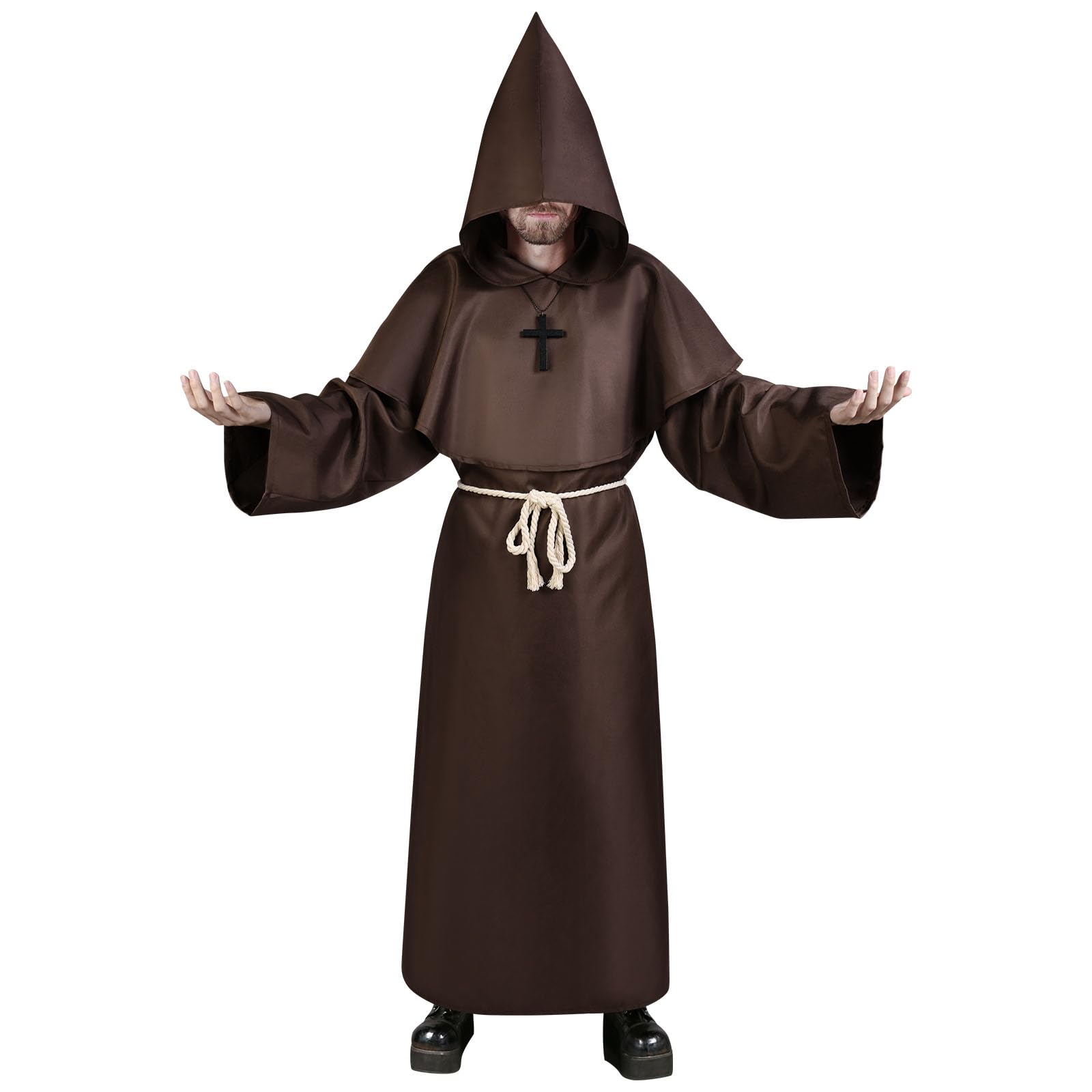 Aomig Monk Costume, 4 Pcs Medieval Friar Hooded Monk Cape Renaissance Wizard for Adult Women Men, Pastor Outfit Priest Robe Costume Halloween Fancy Dress Christmas Party Cosplay Costume (2XL, Brown)