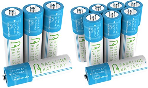 12 Baseline Battery AA NI-MH Rechargeable Batteries 600mAh NIMH for Solar Path Garden Lights, Appliances, Remotes