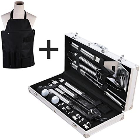 BBQ Grill Tools Set with 18 Barbecue Accessories - Stainless Steel Utensils + Aluminium Case- Complete Outdoor Grilling Kit for Family Friend Gift