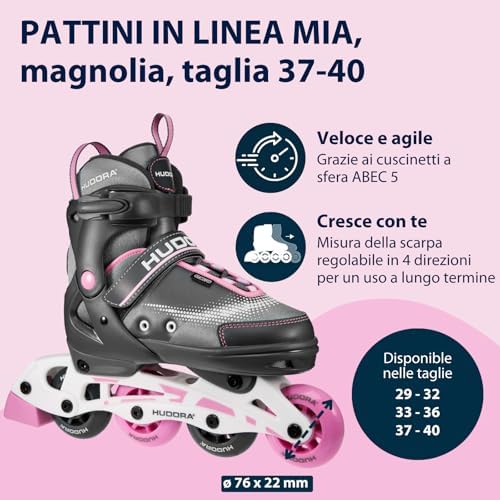 Pattini in linea Mia magnolia - misure 37-40 - Pattini in linea per bambini/ragazzi e adulti in più misure e colori - Pattini a rotelle regolabili fino a 4 misure - Pattini comodi e di stile
