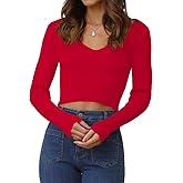 INFITTY Women's V Neck Cropped Sweater Basic Long Sleeve Shirts Slim Fitted Ribbed Knitted Pullover Crop Tops