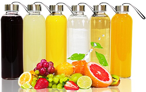 Golden Spoon Glass Water Bottles with Sleeves - 18 Oz Pack of 6 - Sturdy & Durable Construction - Stainless Steel Caps with Carrying Loop - Ideal for Beverages, Juice & Water, Lead and BPA Free