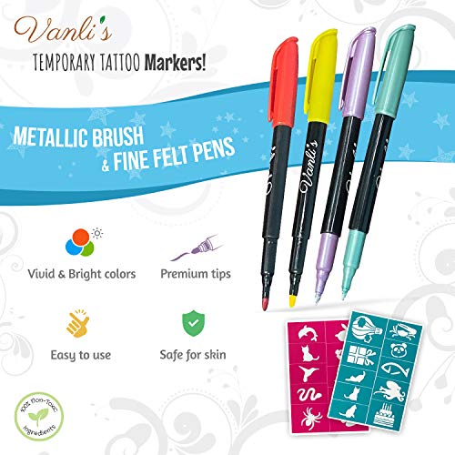 Vanli's Temporary Tattoo Pens With 50 Pieces of Tattoo Stencil Paper. Skin Safe, Great For Kids
