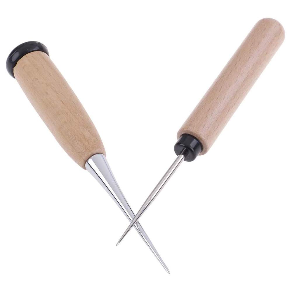POFET Leather Craft Awl Tool Hole Maker Wooden Handle Sewing Stitching Punching,Handmade Awl with Wooden Handle Spiked Metal Tool