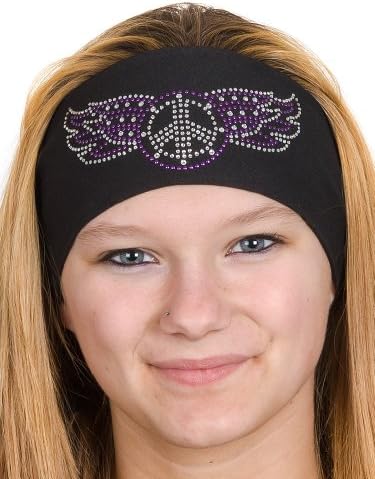 Open Road Girl Head Wrap: Wide Headbands for Women: Biker Chick Headwear: Peace Sign With Rhinestones (Purple)