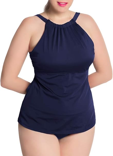 KEEPRONE Womens Plus Size Swim Tops, Round Halter Show Cleavage Tankini Swimsuit at Amazon Women 