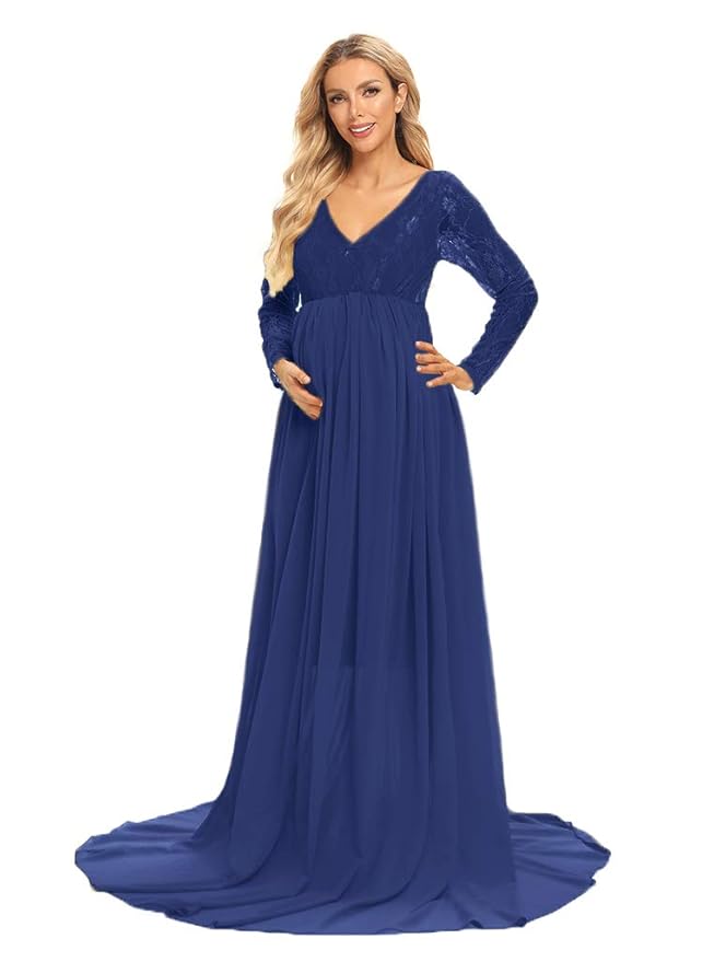 Buy Maternity Lace Top Chiffon Gown Long Sleeve Maxi