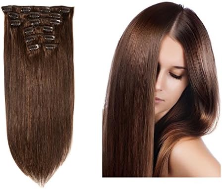 Friskylov Hair 22" Clip in Hair Brazilian Human Hair Clip on Extensions Double Weft 100g 7Pieces With 16Clips 8A Grade(22Inch, 4 Medium Brown)