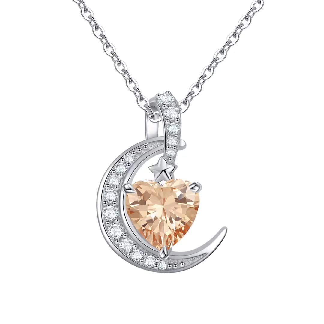 Qings November Citrine Birthstone Necklace - Heart Pendant Yellow Topaz Half Moon Dainty Necklaces Birthday Gift for Mom Women