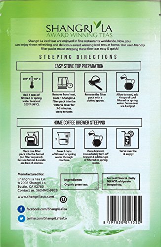 SHANGRI-LA TEA COMPANY ICED TEA BAGS, ORGANIC TROPIC GREEN, UNSWEETENED AND ALL NATURAL, BREWS 2 QUARTS PER TEA BAG, (6 COUNT) (5059)