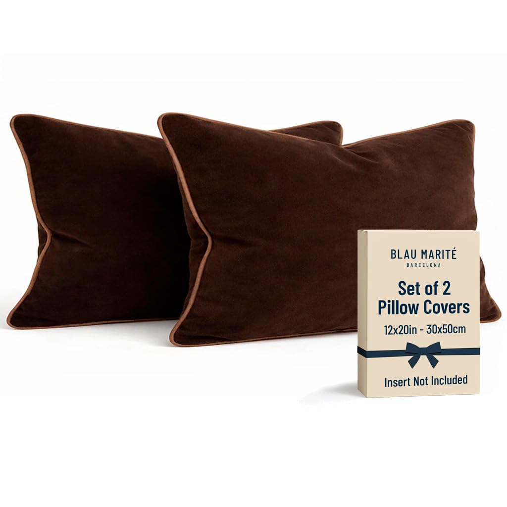 Blau Marité Set of 2 Velvet Throw Pillow Covers with Contrast Piping, Soft Decorative Cushion Covers, Brown and Camel, 12"x20" (30x50 cm).