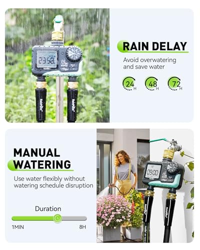 RAINPOINT Water Timer 2 Outlets, IP65 Waterproof Garden Hose Irrigation Timer with Brass Inlet, Rain Delay/Manual Watering, Automatic Watering System for Garden, Yard, Lawn, 2 Zone