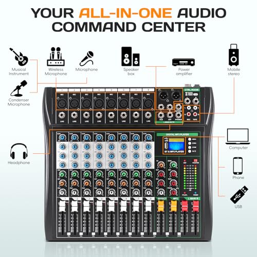 XTUGA CT80 8 Channel Audio Mixer for PC Recording Professional Sound Board Built-in Digital Effect Studio Mixer with 48V Phantom Power RCA Input Output MP3Bluetooth EQ