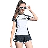 KORADI Girls Swimsuits Rash Guard Swim Set Kids Two-Piece Bathing Suits Teen Swimwear Beach Shorts Sun Protection Swim Shirts