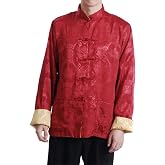 Men's Tang Jacket with Contrast Lining Chinese Traditional Frog Button Jacket Long Sleeve Stand Collar Tangzhuang Coat (Red+Gold, L)