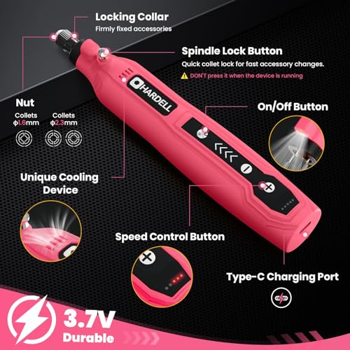 HARDELL Mini Cordless Rotary Tool, 5-Speed 3.7V rechargeable Rotary Tool Kit with 61 Accessories, USB Charging Multi-Purpose Power Tool for Sanding, Polishing, Drilling, Etching, Engraving, DIY Crafts | USB-C Rechargeable, LED Light, 5000-18000RPM, Lightweight Pen Grip, for Sanding, Polishing, Drilling, Engraving, 3D Print DIY