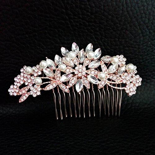 Ammei Rose Gold Wedding Headpiece Bridal Hair Comb Handmade Pearls Rhinestone