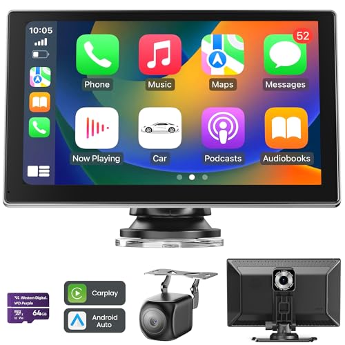 Carplay Auto, 9'' Schermo per Auto, Supporto CarPlay e Android Auto, Dash Cam 4K Integrata e Telecamera Posteriore 1080P, Navigazione GPS/Bluetooth 5.0/Controllo Vocale/Mirror Link/FM, SD 64GB Inclusa