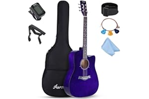 Asmuse 41 Inch Acoustic Guitar, Premium Solid Wood Cutaway Guitar Bundle kit With Gig Bag, Tuner, Strap, Capo, Strings and Picks (Purple)