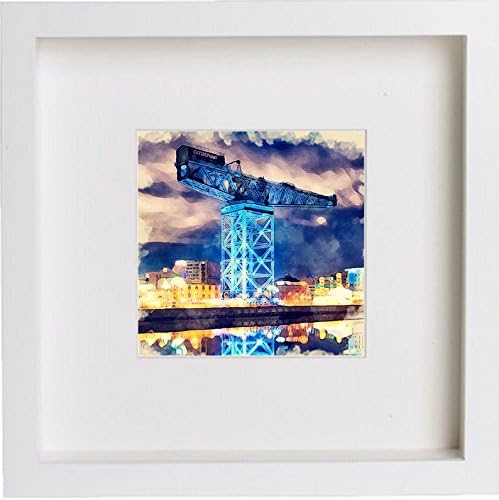 White Square Picture Frame - Home Décor - Wall Art - Hanging Photo Frames – Print of Glasgow Finnieston Crane at Night with Contemporary White Frame 23x23cm 46