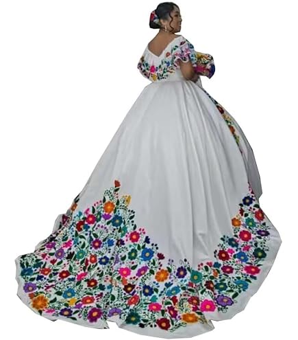 HFAGEMV Satin Embroidered Ball Gown Wedding Dresses Mexican Style Off Shoulder Sweet 15 Dress With Sleeves Aqua 2 : Clothing, Shoes & Jewelry
