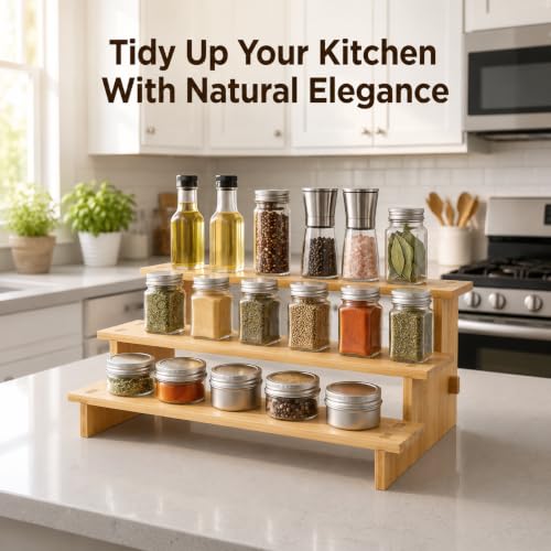 Keqin 3 Tier Bamboo Spice Rack Organizer for Cabinet, Spice Organization and Storage, Seasoning Organizer, Kitchen Cabinet Organizer, 40x21x14cm