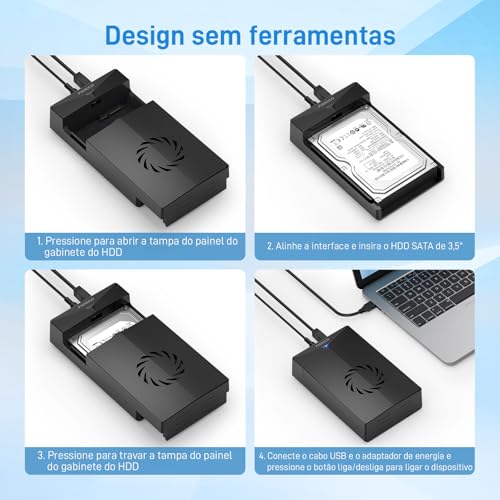 Gabinete para disco rígido externo, gabinete USB 3.0 para SATA para disco rígido SSD SATA de 3,5 ou 2,5 polegadas com ventilador, adaptador de alimentação de 12 V incluído