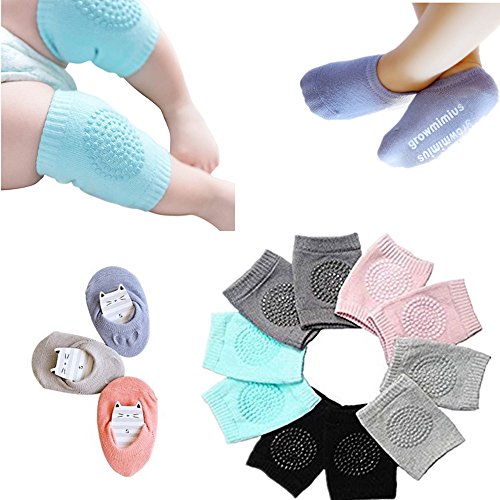 QICI Baby Crawling Anti-Slip Knee and Anti Slip Socks,Unisex Baby Toddlers Knee Pads 5 Pairs, Soft Cotton Assorted Boys Girls Grip Walkers Socks 3 Pairs,Best Infant Gift. (8 Pack) - Thumbnail 7