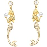 Gold Mermaid Dangle Earring Jewelry for Women Cubic Zirconia Mermaid Princess Drop Pendant Earrings