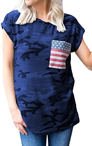 SIXHAVY USA Flag T Shirts Casual Womens Tops Short Sleeve Pocket Tees Camouflage Shirts S