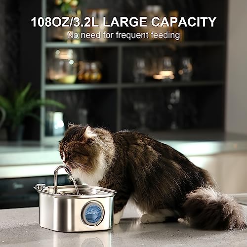 Cat Water Fountain, VinDox 3.2L/108oz Automatic Stainless Steel Pet Fountain Water Levels Window can be Checked Dog Water Dispenser, Ultra-Quiet Pump for Multiple Pets (8 Filters & 8 Sponges)