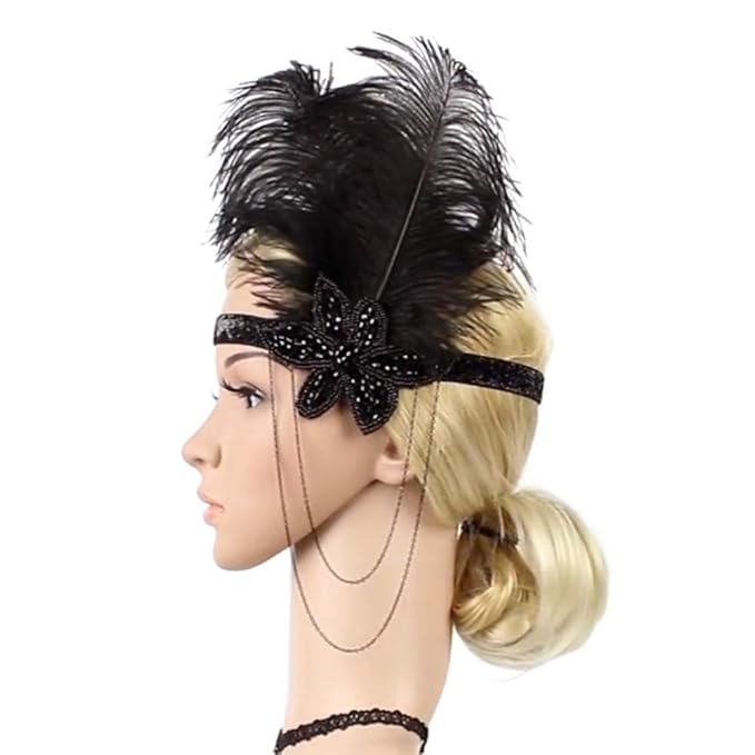 Flapper Girl Wine Red Feather Headpiece Vintage 1920s Great Gatsby Flapper Headband With Beaded Flower Tassel Chains