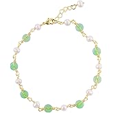 LOOYUUPEE Natural Green Hetian Jade Anklet for Women, Pearls Adjustable Anklet, Natural Freshwater Pearls Anklet for Women, Handmade Jade Jewelry Gift for Women Girls, Christmas Gift for Her (14K Gold Plated)