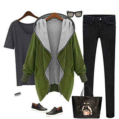 Tsmile Spring Winter Womens Coat Zipper Hoodie Kapuzen Solid Color Jacket Casual Loose Parka Trench Windbreaker Outwear (Green, 2XL) - Thumbnail 3