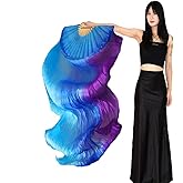 Tefrica Women Chinese Natural Silk Hand Made 1 Pair (Left+Right) Belly Dance Fan Veils Length 1.8m Width 0.9m