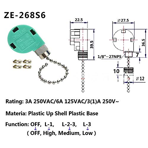 Ceiling Fan Switch 3 Speed 4 Wire Zing Ear ZE268S6, Fan Pull Chain