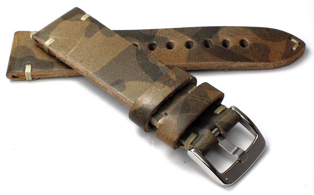 22 mm RIOS1931 German Handmade Leather Strap White Stitching Retro Look Camouflage Grey Camouflage