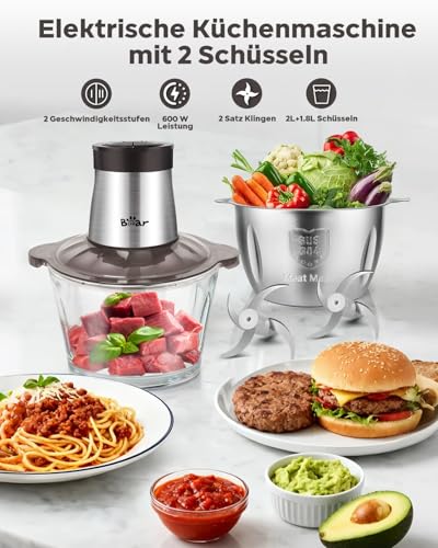Bear 2 L + 1.8 L Electric Mini Chopper 600 W 2 Speed Levels Chopper with 4 Stainless Steel Blades and Meat Grinder, Glass Container Chopper for Meat, Baby Food, Fruit, Vegetables | Glass & 304 stainless steel bowls, 2 speeds, 4 steel blades, chopping meat, baby food, fruit, vegetables
