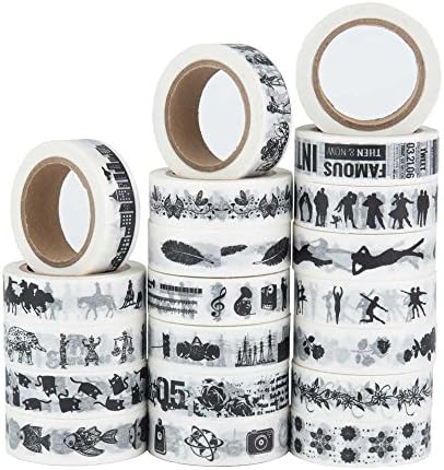 Savena Washi Tape Set for DIY Gift Wrapping Scrapbooking and Craft, Sticky Adhesive Paper Masking Tape with Lovely Printed Patterns and Long-Lasting Colors (20 Rolls, Black and White, 3/5 in x 33 ft)